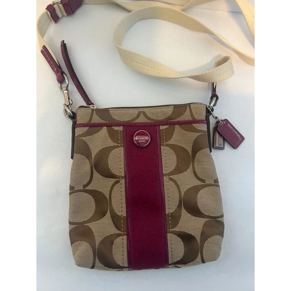 Coach signature crossbody bag | khaki burgundy leather trim